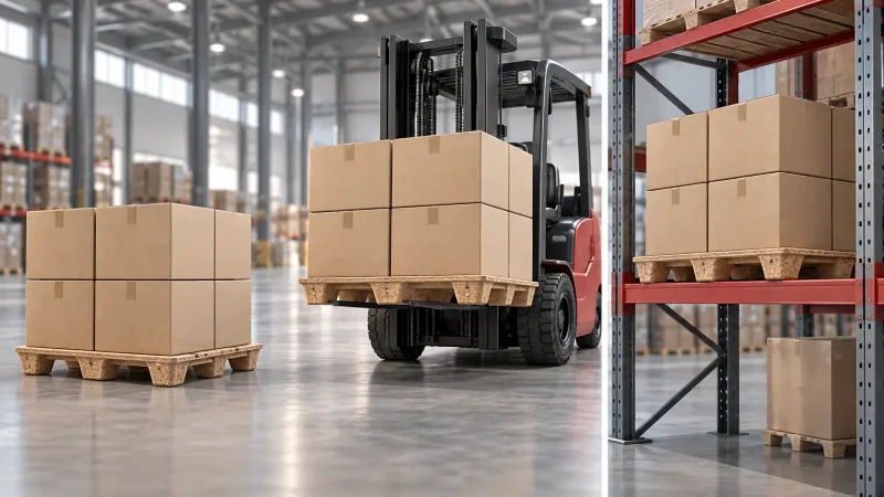 Техническая иллюстрация трёх режимов нагрузки на прессованный поддон: на полу, на вилочном погрузчике и в стеллаже. Создано с помощью ИИ; не фотография завода.